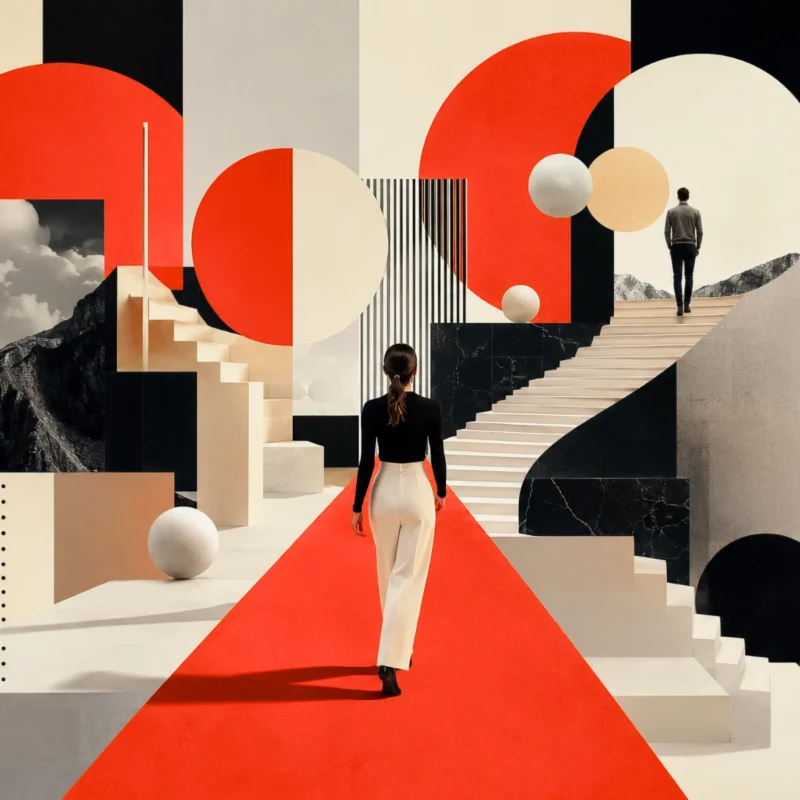 People moving through a structured path of stairs, arches, and geometric forms, representing guided learning, practical direction, and step-by-step progress.