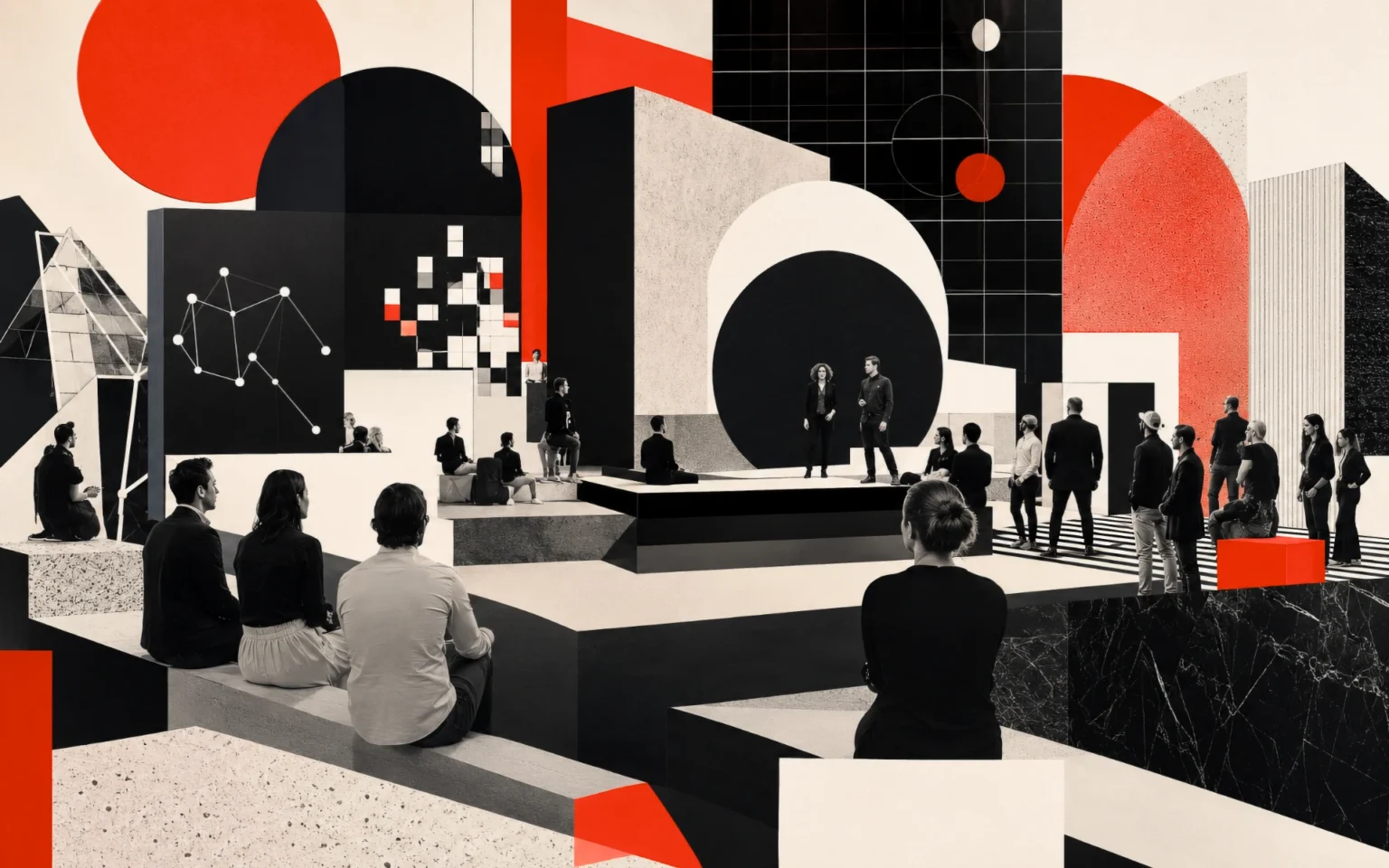 People gathering around presenters in a bold geometric event space, representing shared ideas, discussion, learning, and collaboration.